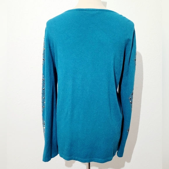 Milano Teal Knit Sweater Women’s Size Large Beaded Studded Sleeve Pullover Top - Picture 5 of 10